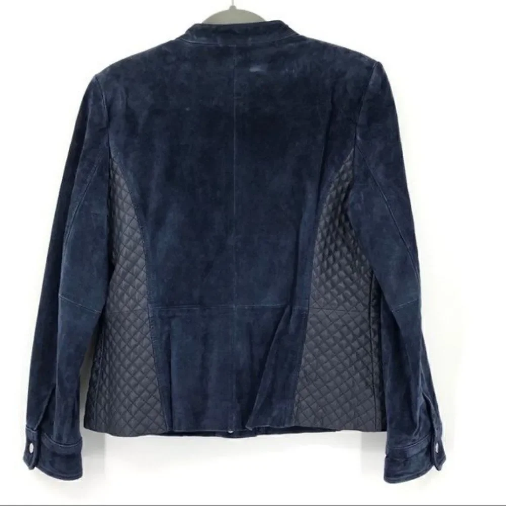 Isaac Mizrahi Live navy long sleeves leather jacket zipper closure women size 10